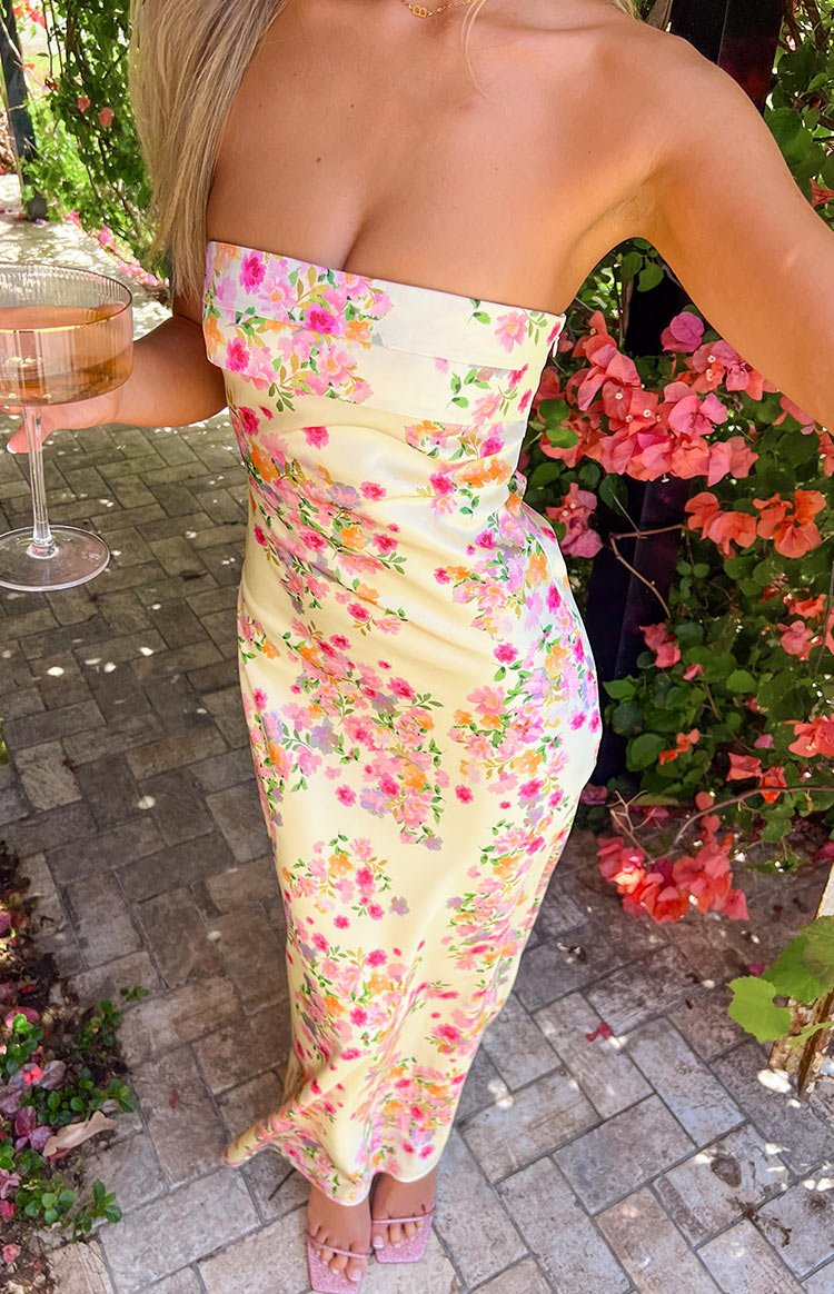 Gabriella Yellow Floral Strapless Maxi Dress – Summer Garden Elegance - Mason Luxor