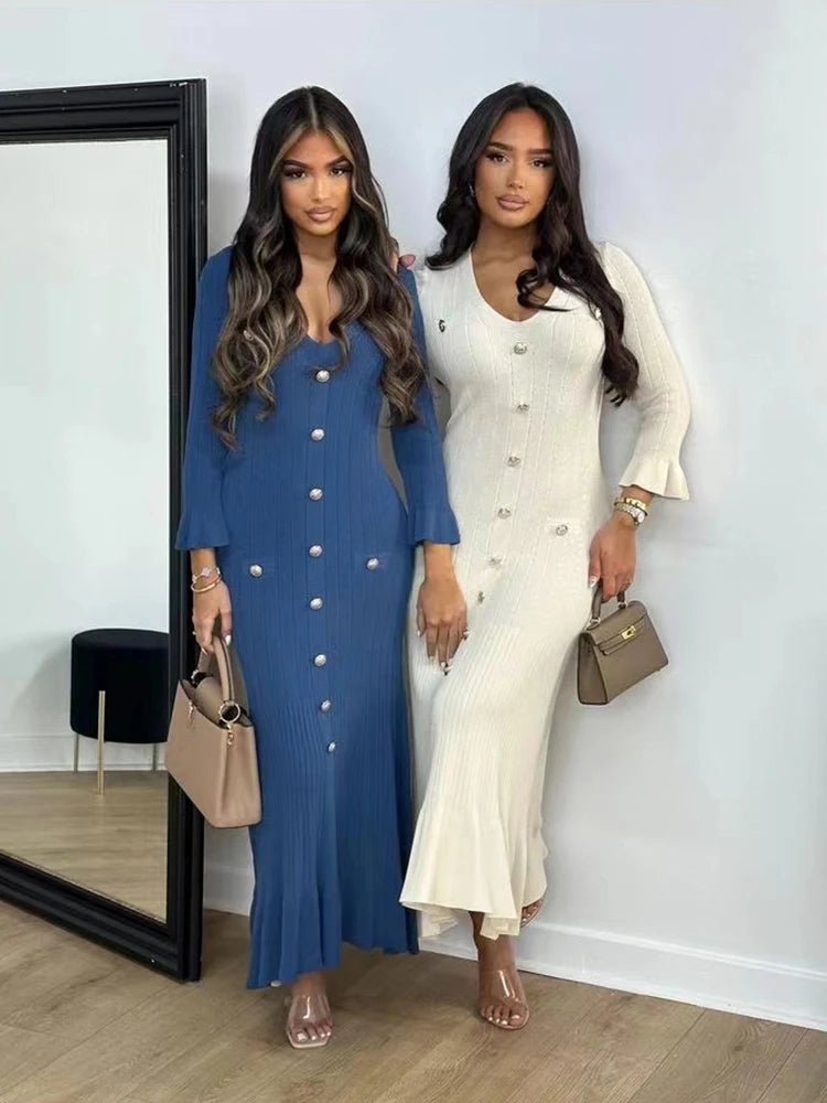 Mason | Elegant Buttoned Knit Dress Long Sleeve – Slim Fit Maxi Style - Mason Luxor