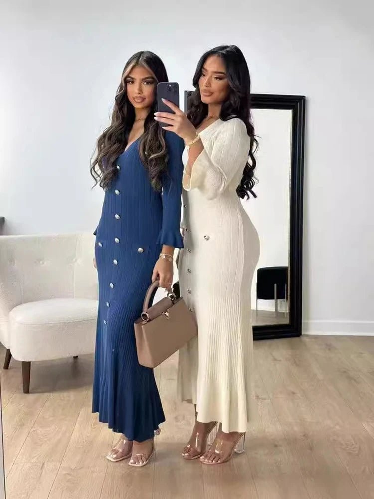Mason | Elegant Buttoned Knit Dress Long Sleeve – Slim Fit Maxi Style - Mason Luxor