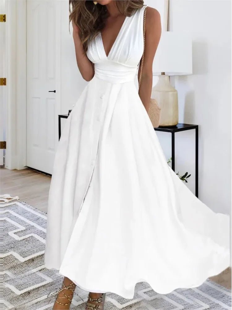 Mason | Elegant Deep V - Neck White Boho Dress – Sleeveless Flowing Maxi Gown - Mason Luxor