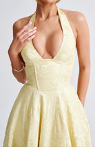 Mason | Elegant Lemon Halter Races Dress – Floral Jacquard Midi - Mason Luxor