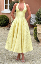 Mason | Elegant Lemon Halter Races Dress – Floral Jacquard Midi - Mason Luxor