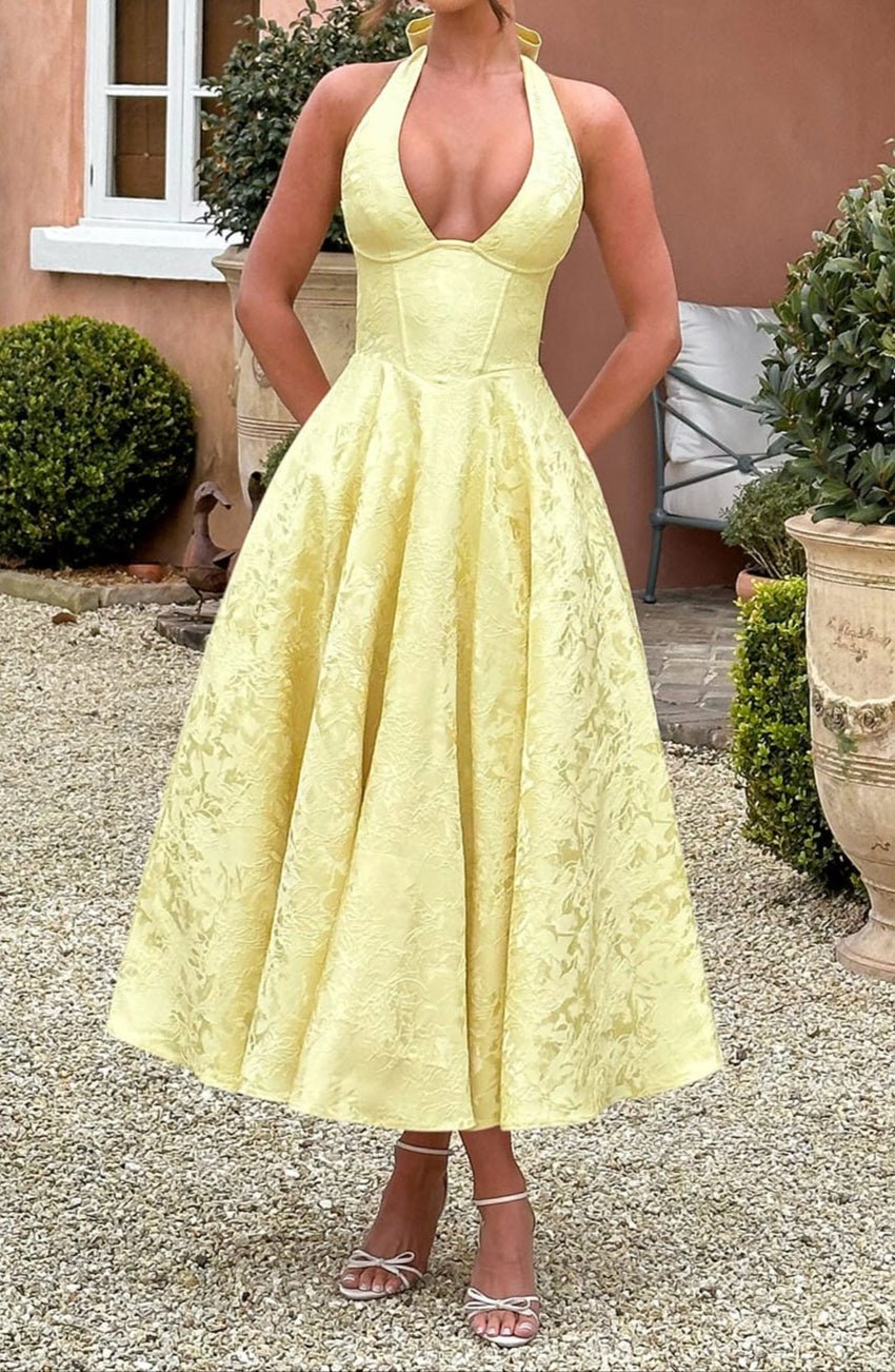 Mason | Elegant Lemon Halter Races Dress – Floral Jacquard Midi - Mason Luxor