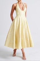 Mason | Elegant Lemon Halter Races Dress – Floral Jacquard Midi - Mason Luxor