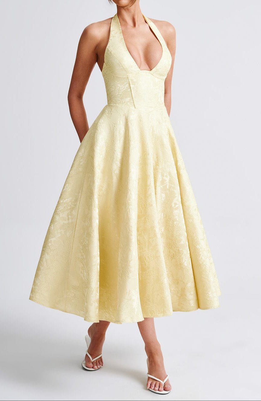 Mason | Elegant Lemon Halter Races Dress – Floral Jacquard Midi - Mason Luxor