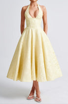 Mason | Elegant Lemon Halter Races Dress – Floral Jacquard Midi - Mason Luxor