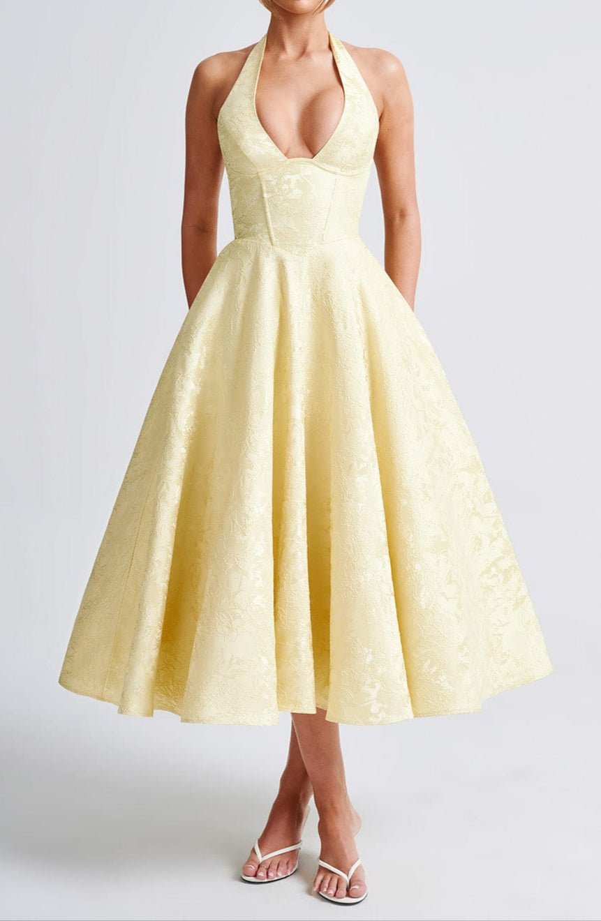 Mason | Elegant Lemon Halter Races Dress – Floral Jacquard Midi - Mason Luxor