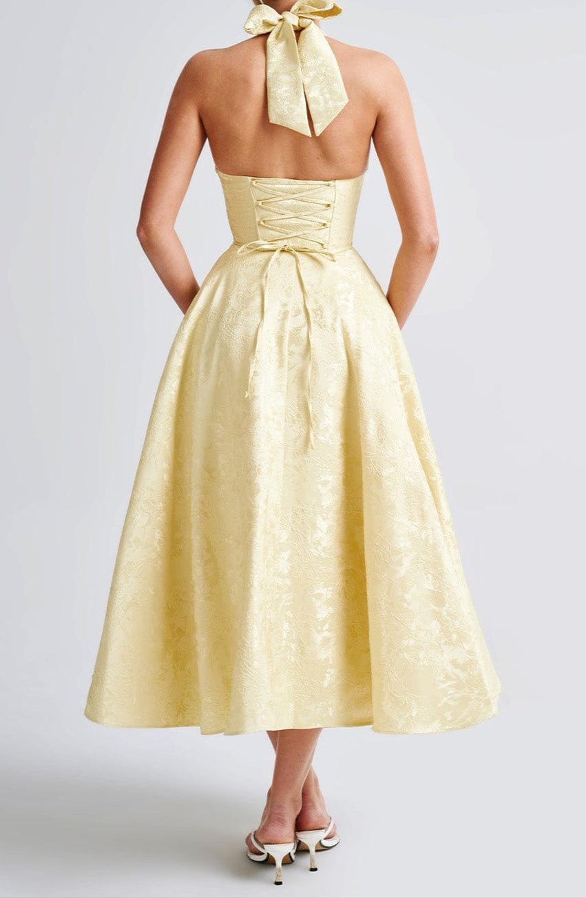 Mason | Elegant Lemon Halter Races Dress – Floral Jacquard Midi - Mason Luxor
