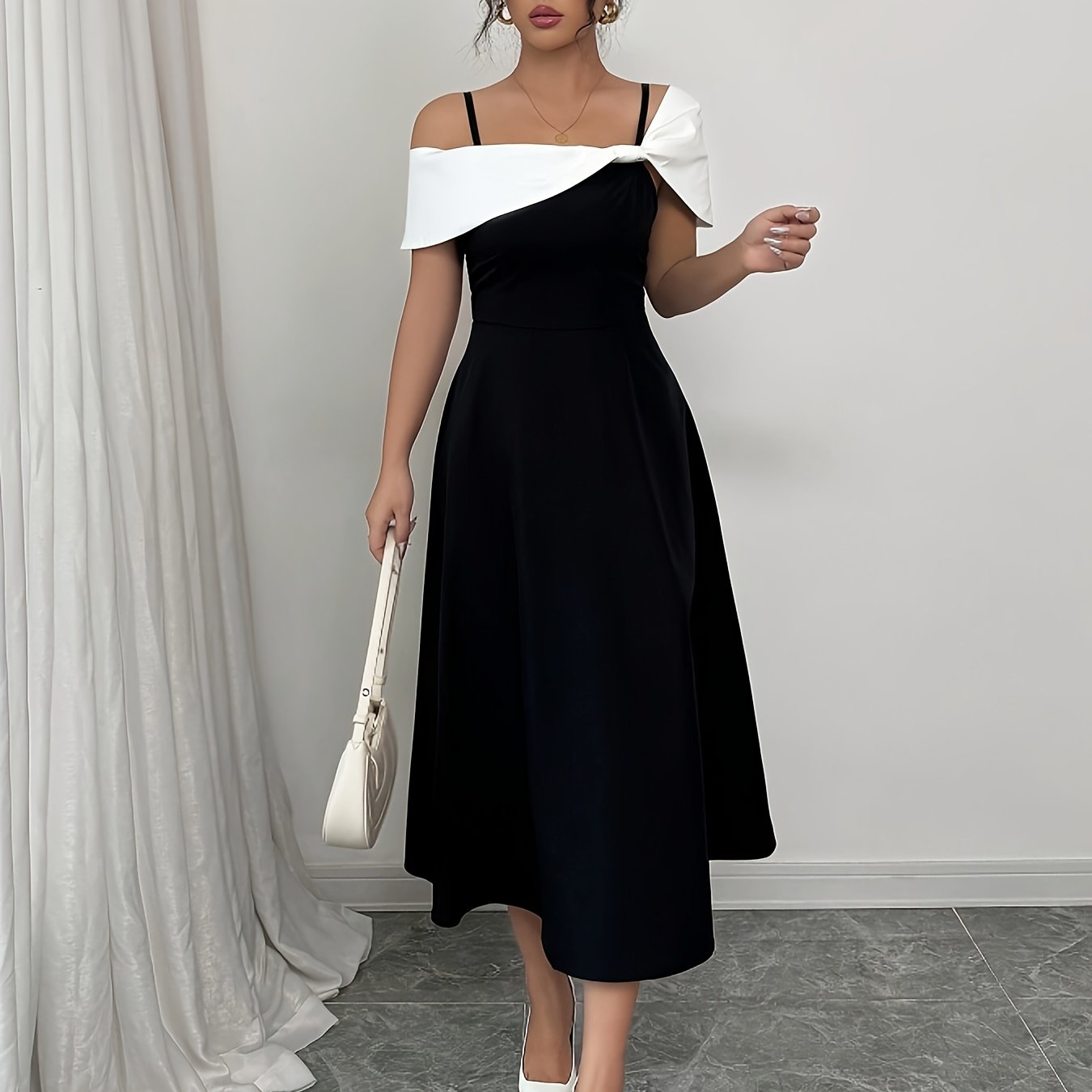 Mason | Elegant Off - Shoulder Ascot Midi Dress – Black & White - Mason Luxor