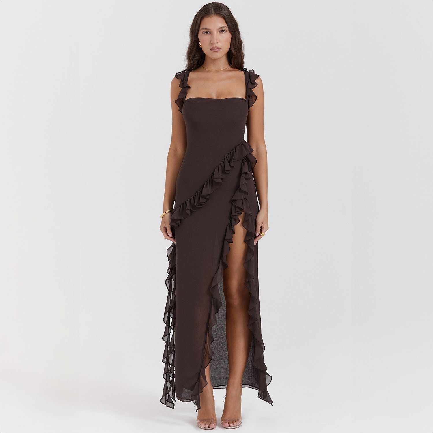 Mason | Elegant Ruffle Maxi Dress with Front Slit - Mason Luxor