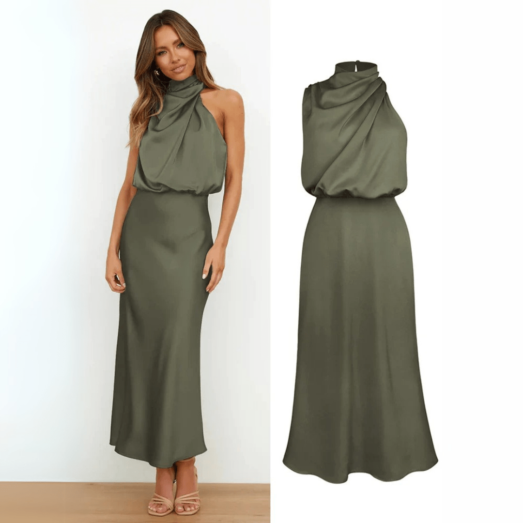Mason | Elegant Satin Halter Midi Dress – Wedding Asymmetric Neckline & Sleek Fit - Mason Luxor Men Fashion