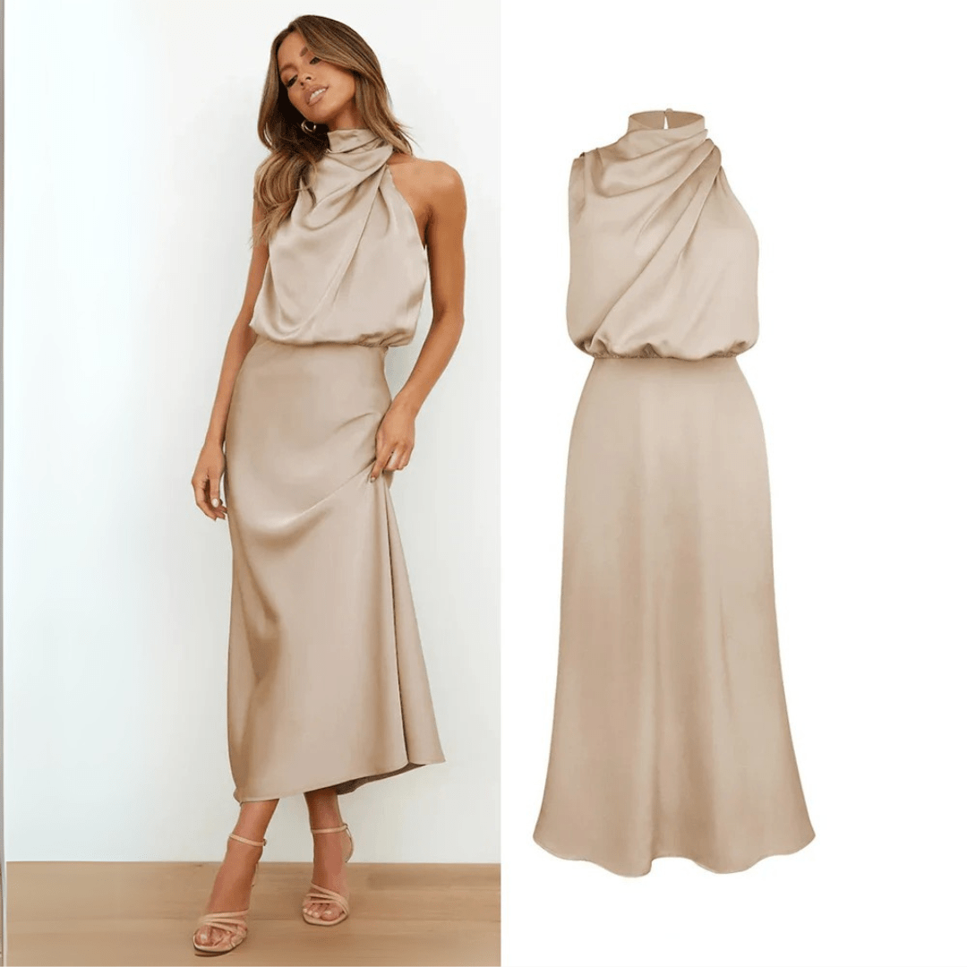 Mason | Elegant Satin Halter Midi Dress – Wedding Asymmetric Neckline & Sleek Fit - Mason Luxor Men Fashion