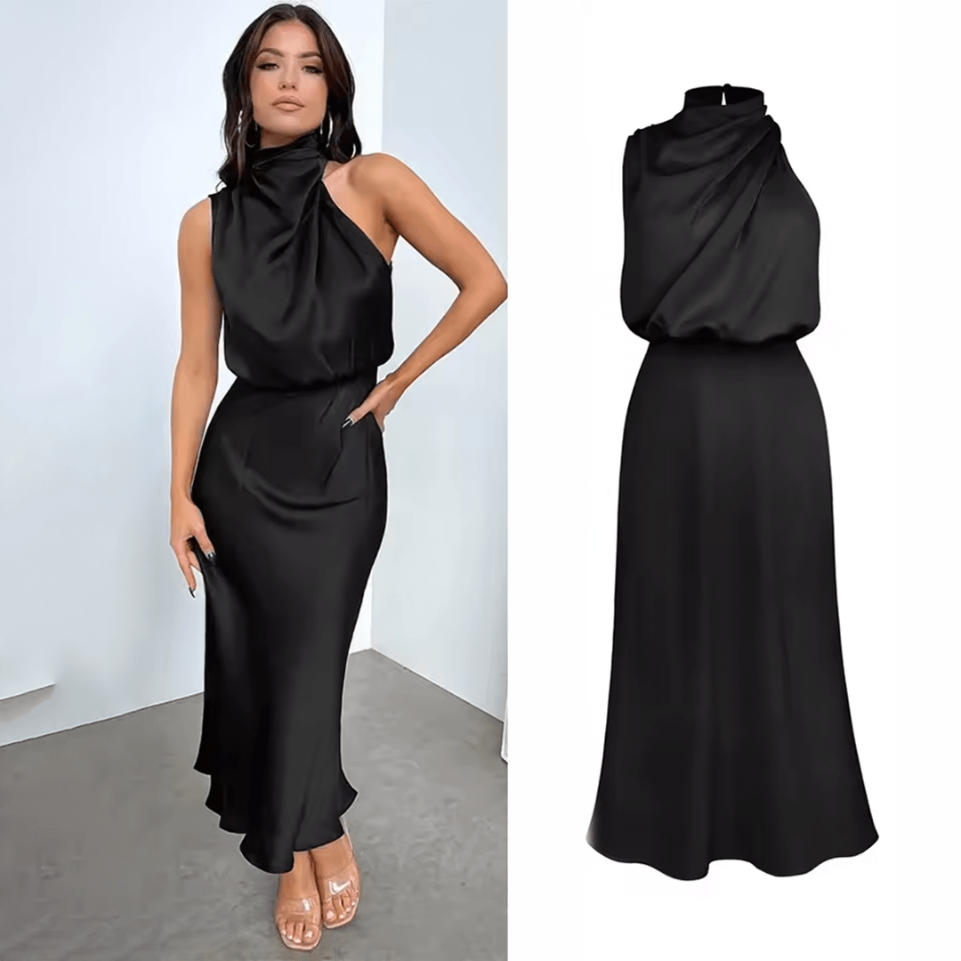 Mason | Elegant Satin Halter Midi Dress – Wedding Asymmetric Neckline & Sleek Fit - Mason Luxor
