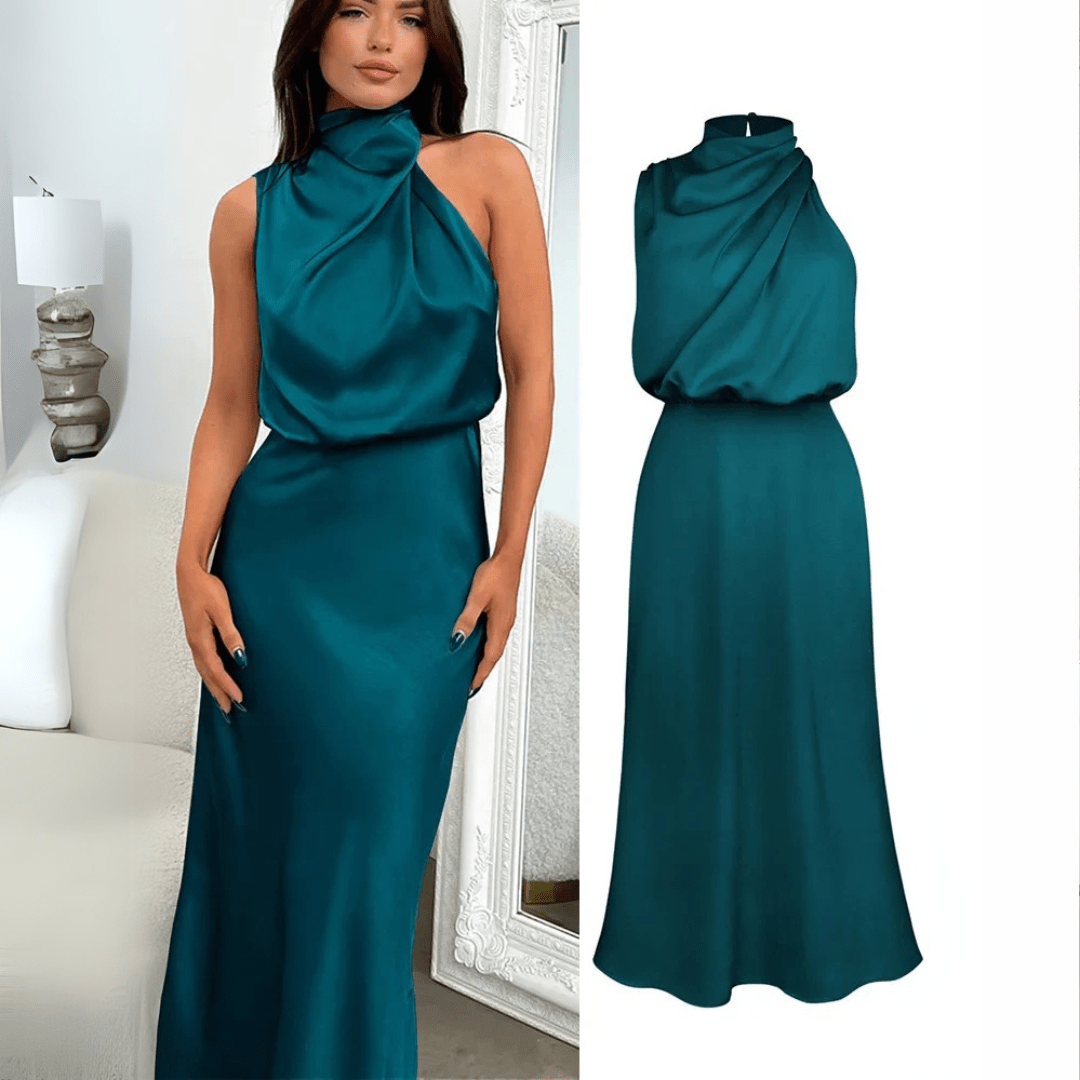 Mason | Elegant Satin Halter Midi Dress – Wedding Asymmetric Neckline & Sleek Fit - Mason Luxor Men Fashion
