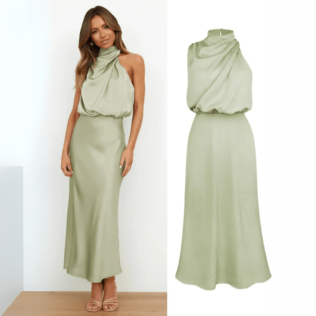 Mason | Elegant Satin Halter Midi Dress – Wedding Asymmetric Neckline & Sleek Fit - Mason Luxor Men Fashion