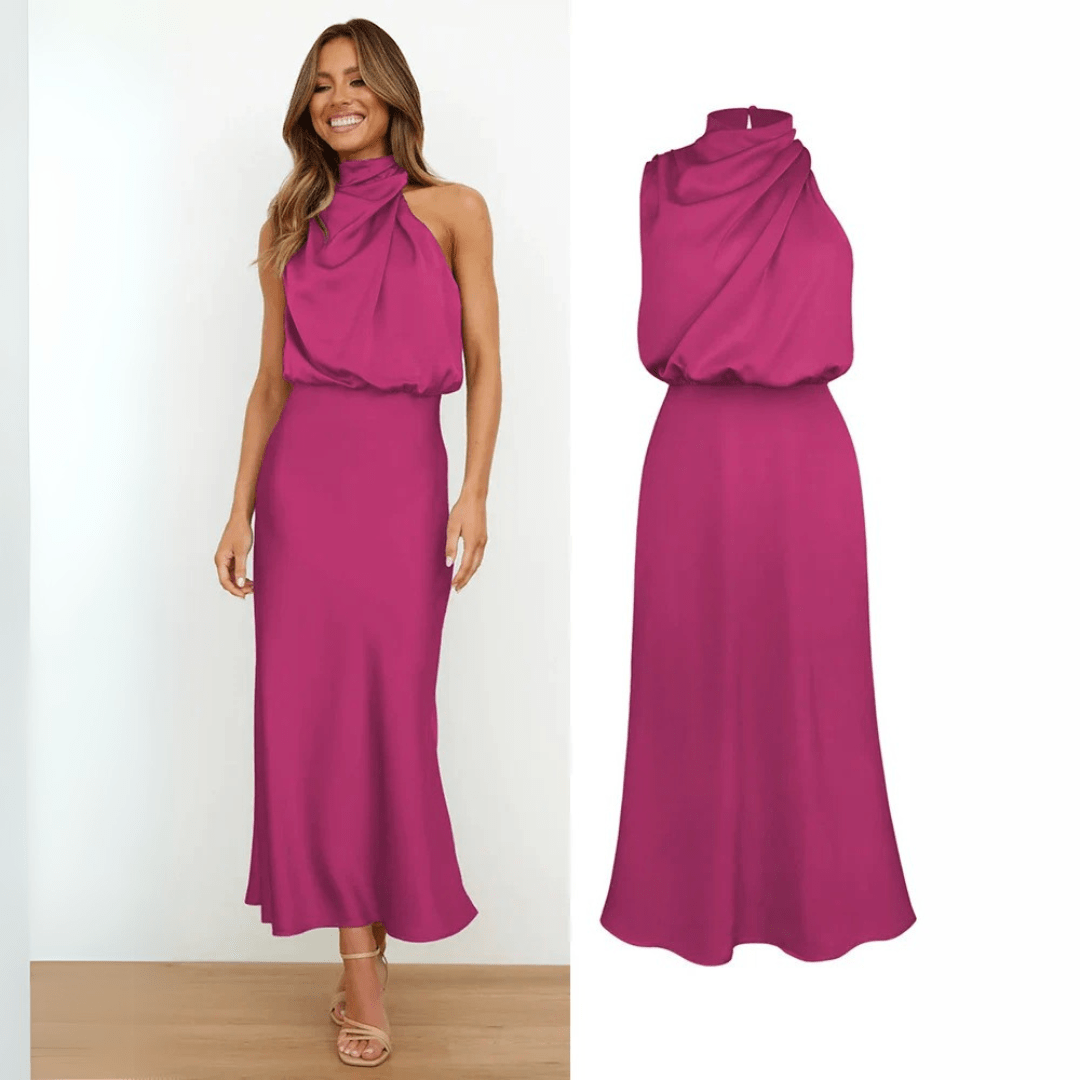 Mason | Elegant Satin Halter Midi Dress – Wedding Asymmetric Neckline & Sleek Fit - Mason Luxor Men Fashion