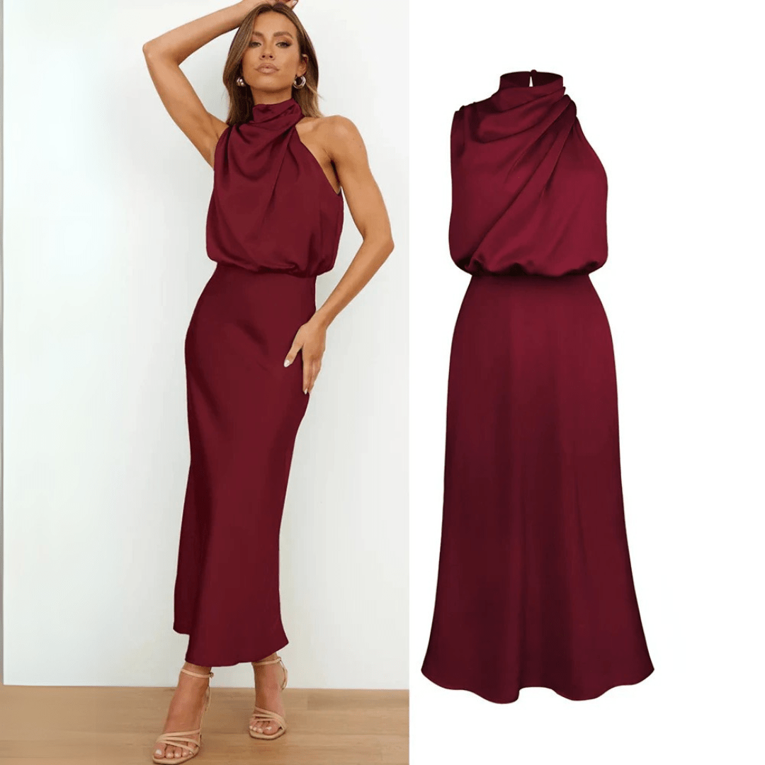 Mason | Elegant Satin Halter Midi Dress – Wedding Asymmetric Neckline & Sleek Fit - Mason Luxor Men Fashion