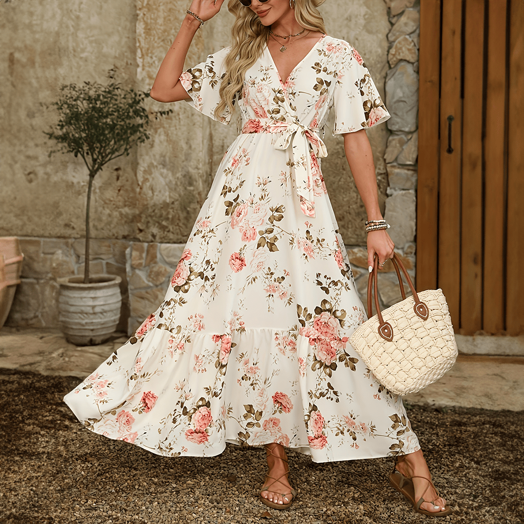 Mason | Floral Boho Maxi Dress – V - Neck Summer Wrap Dress with Belt - Mason Luxor Men Fashion
