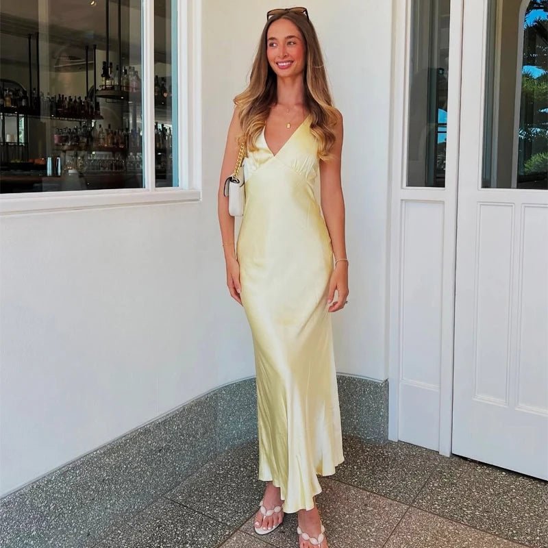 Mason | Silky Spaghetti Strap Races Dress – Satin Maxi in Yellow & Pink - Mason Luxor