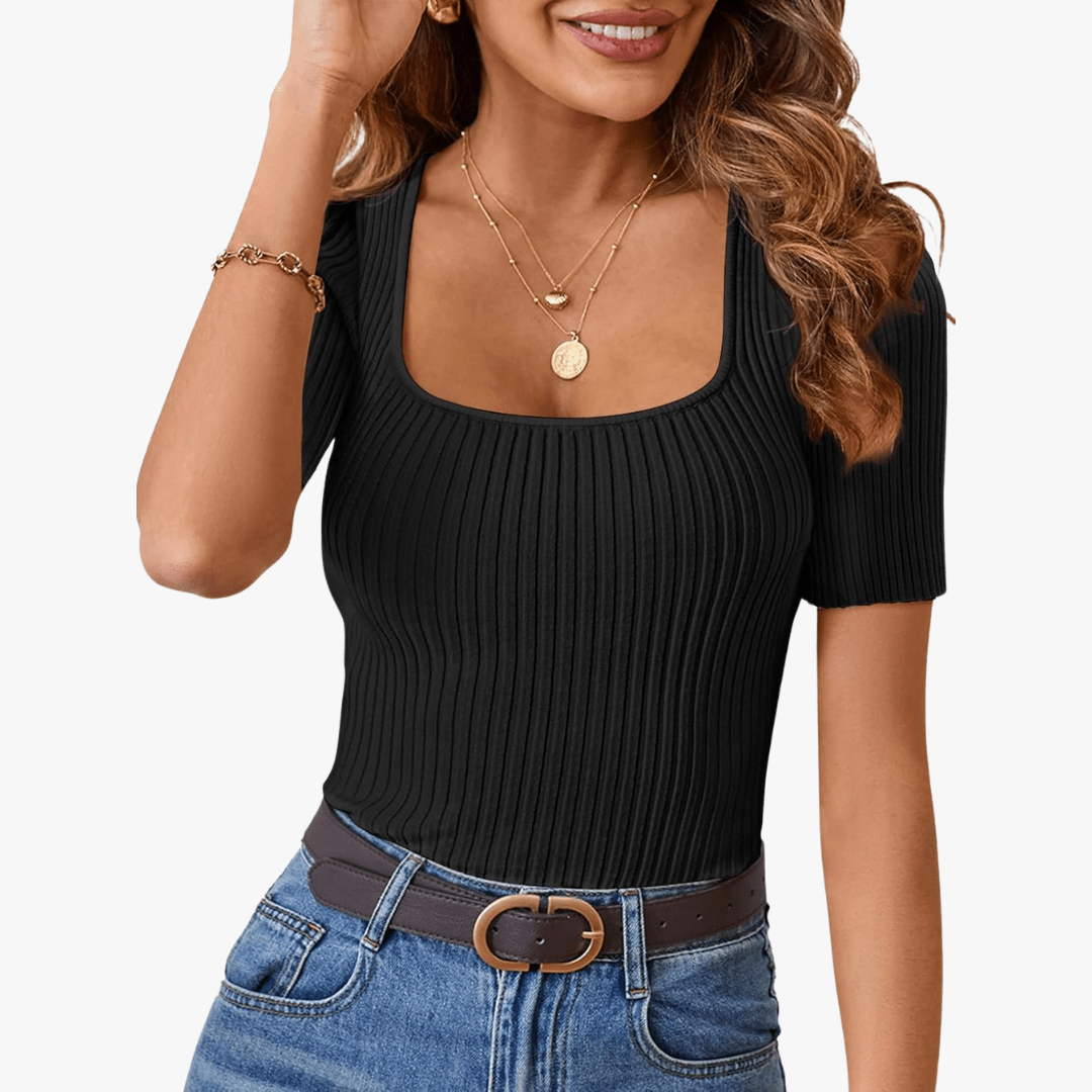 Mason | Square Neck Ribbed Knit Slim Fit Top – Short Sleeve Stretch Pullover - Mason Luxor Men Fashion