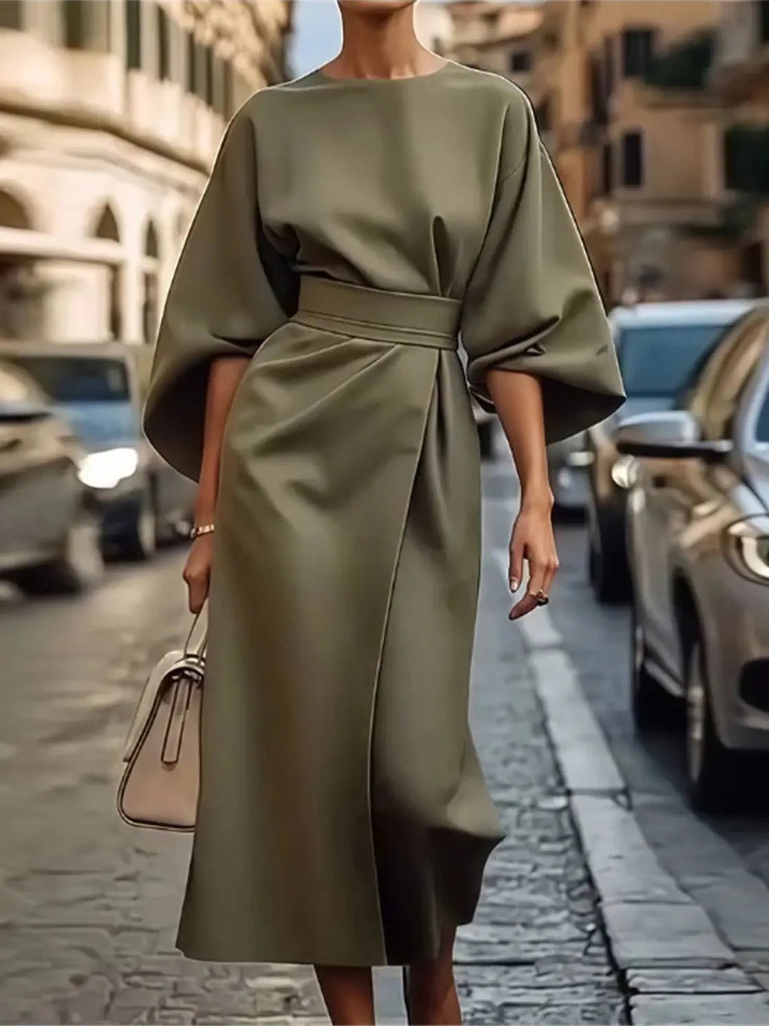 Mason | Structured A - Line Midi Dress with Belt and Bell Sleeves – Timeless Elegance - Mason Luxor Men Fashion