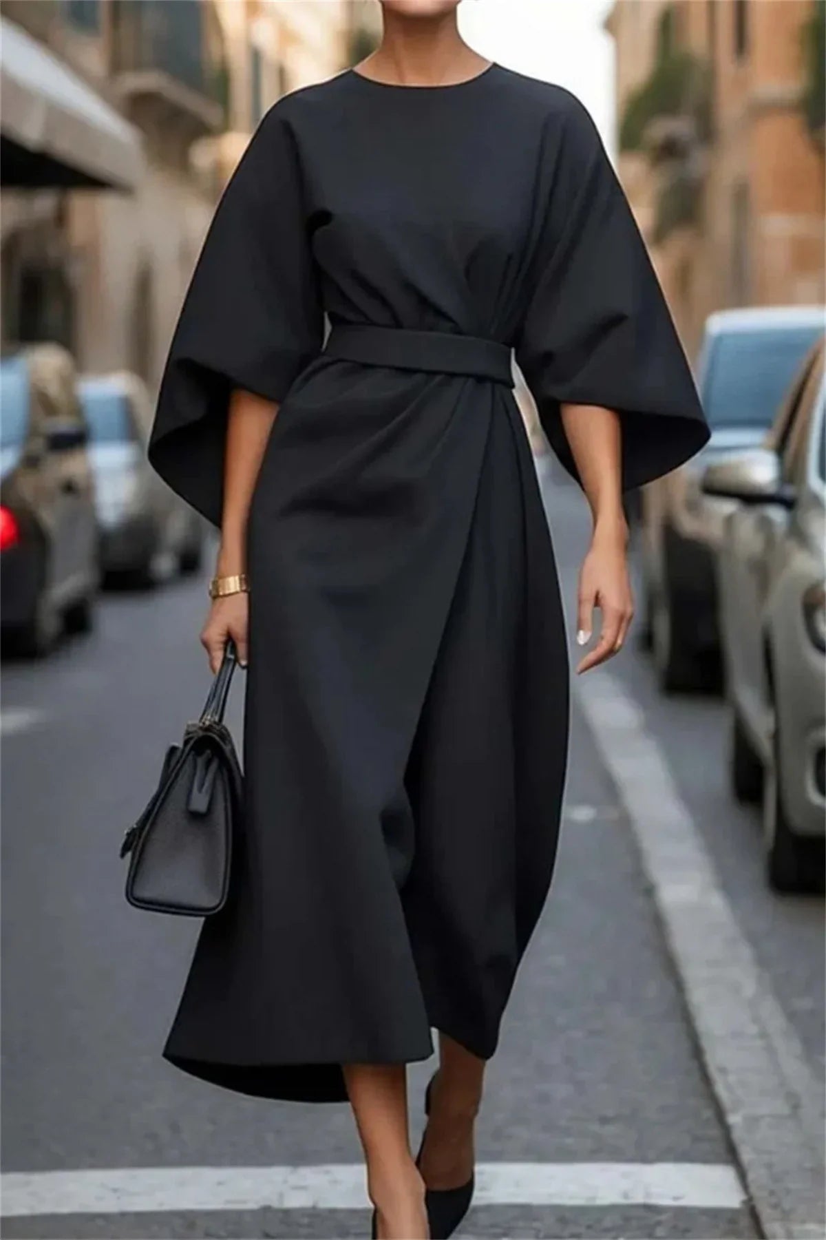 Mason | Structured A - Line Midi Dress with Belt and Bell Sleeves – Timeless Elegance - Mason Luxor Men Fashion