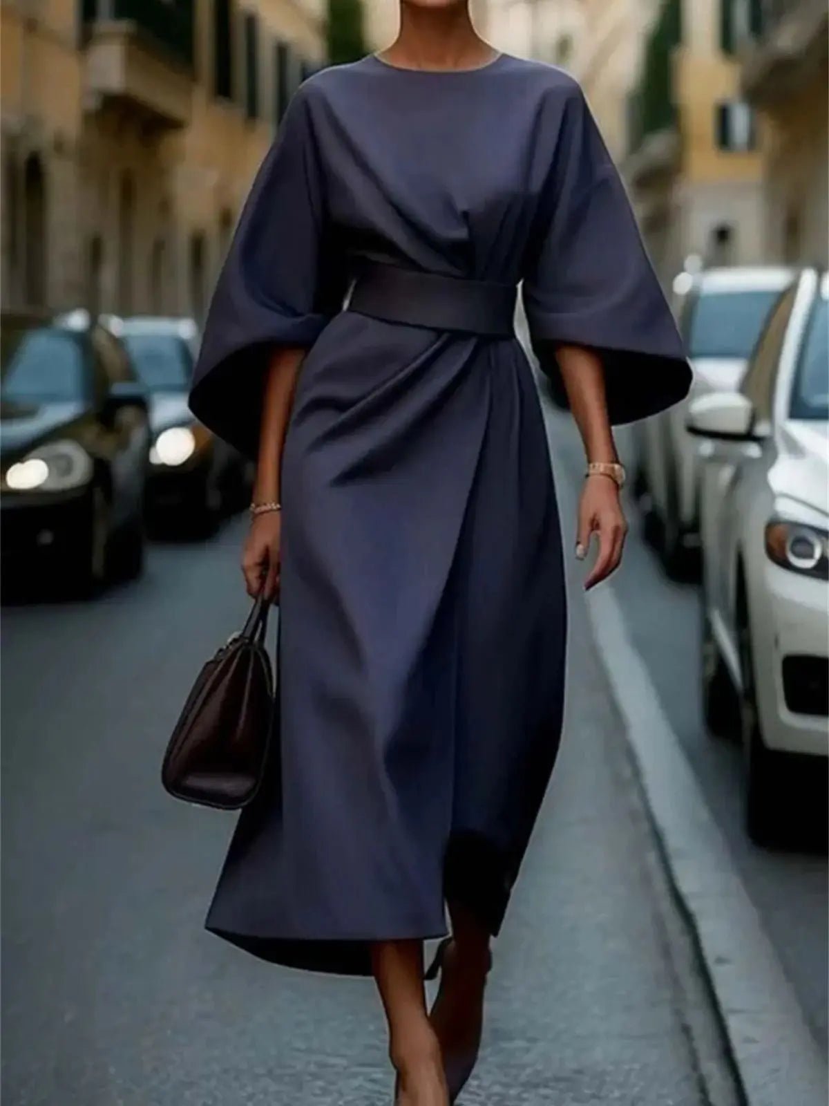 Mason | Structured A - Line Midi Dress with Belt and Bell Sleeves – Timeless Elegance - Mason Luxor Men Fashion