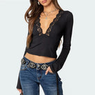 Mason | Women’s Deep V - Neck Lace Patchwork Long Sleeve Top – Slim Fit Casual Blouse - Mason Luxor
