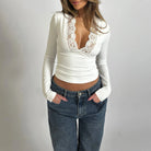 Mason | Women’s Deep V - Neck Lace Patchwork Long Sleeve Top – Slim Fit Casual Blouse - Mason Luxor