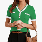 Mason | Women's Slim Fit Knit V - Neck Top – Short Sleeve Button Detail Blouse - Mason Luxor Men Fashion