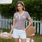 Mason | Women's Slim Fit Knit V - Neck Top – Short Sleeve Button Detail Blouse - Mason Luxor Men Fashion