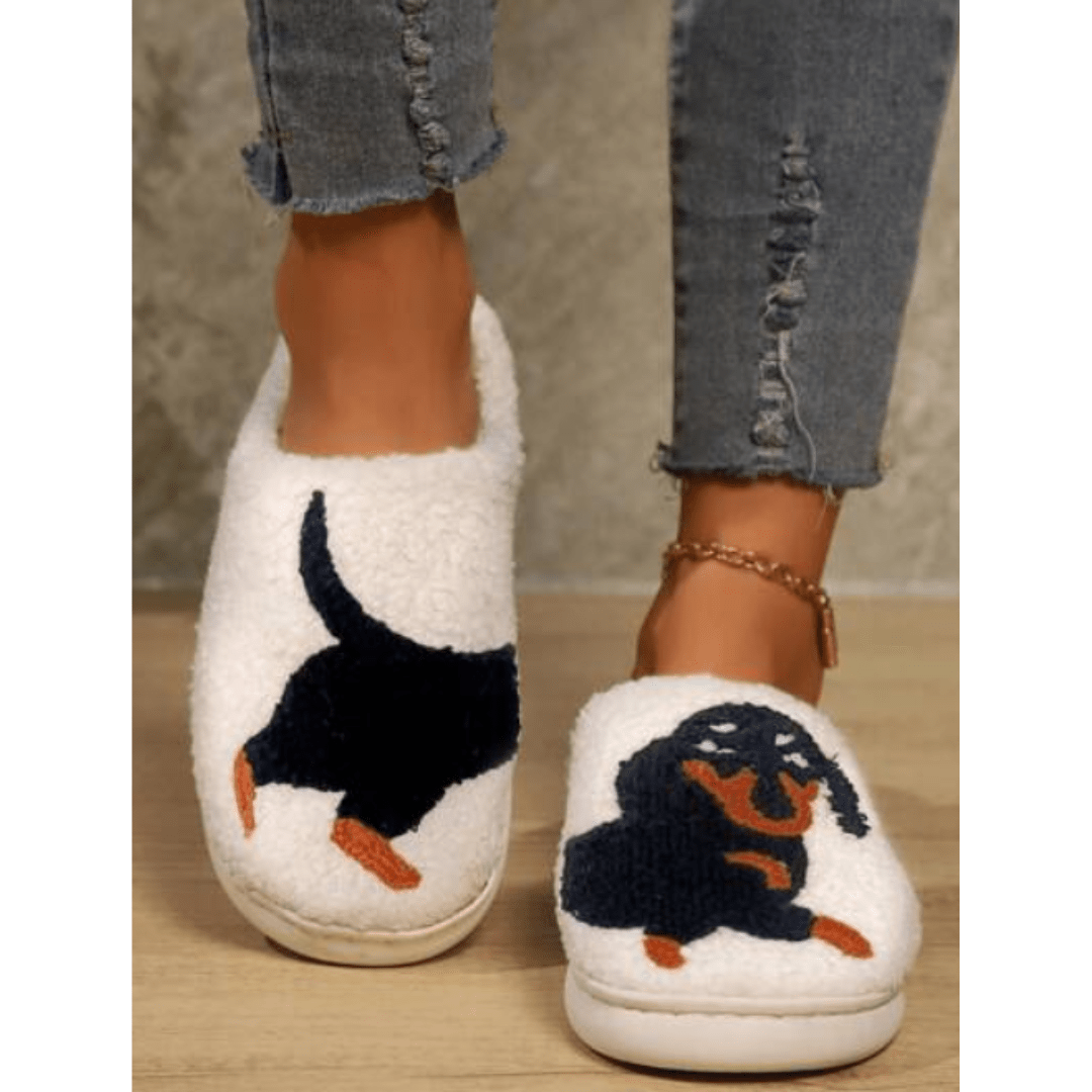 Unisex White Slippers With Dog Design | Indoor - Mason Luxor